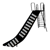 Eine Abbildung einer schwarzen Rutsche auf weißem Grund. Auf der Rutschfläche sind stehen viele 90 (Zahl) aneinandergereiht und bilden eine karikative Abbildung einer nop-slide auf x86.